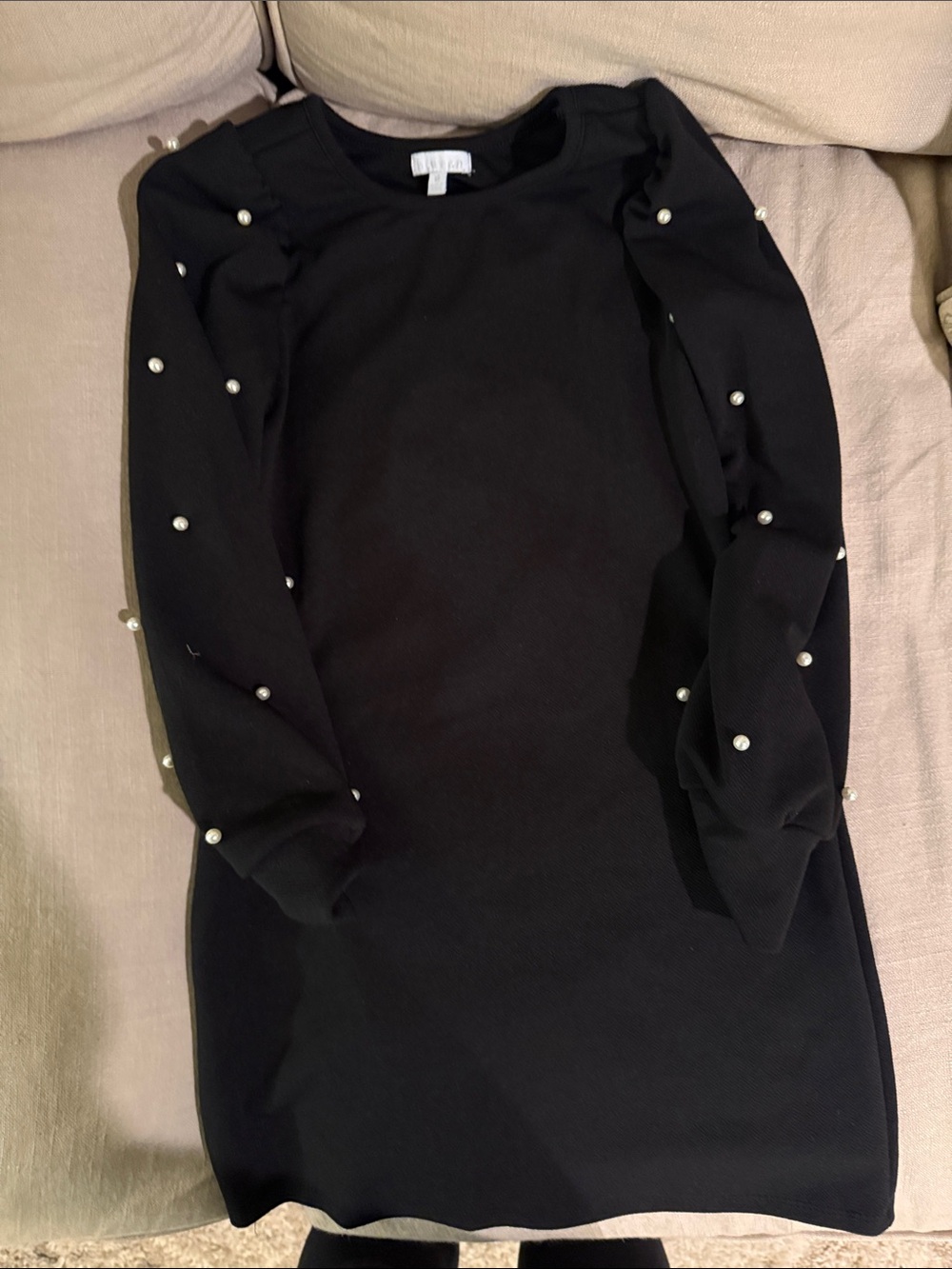 btween Black Long Sleeve Pearl-Accent Dress
